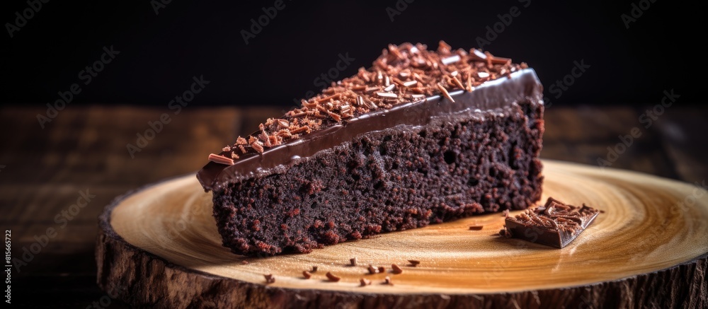 Poster homemade chocolate cake with sesame seeds sliced on a board. copy space available
