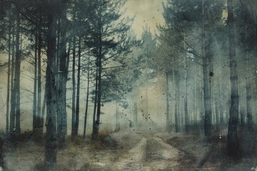 A vintage painting of a road in the middle of a dense forest. A suitable backdrop for lovers of mystical stories.