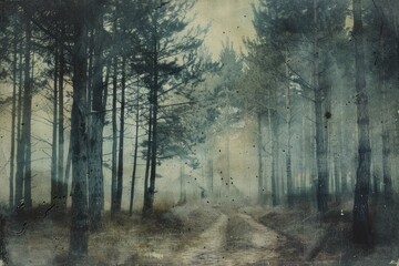Obraz premium A vintage painting of a road in the middle of a dense forest. A suitable backdrop for lovers of mystical stories.