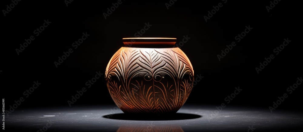 Poster the brown earthenware jar isolated on black background closeup retro handicraft in natural light con
