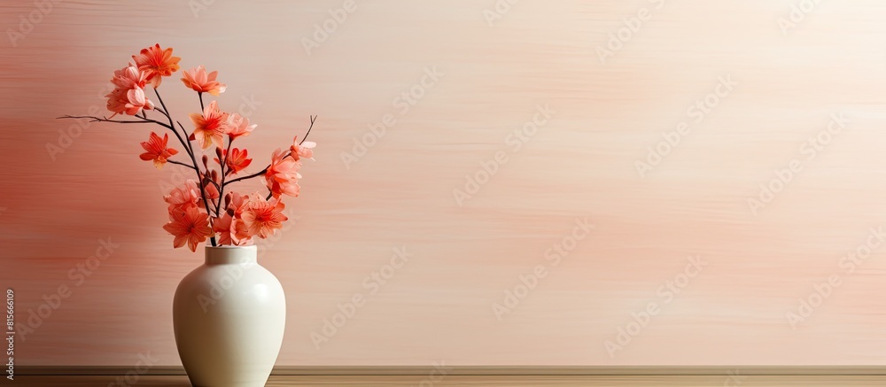 Poster vase with beautiful flowers as element of interior design on table in room space for text. copy spac
