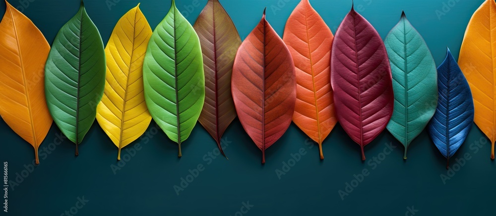 Poster closeup leaves in different color age of jackfruit tree leaves line of colorful dry leaves in autumn