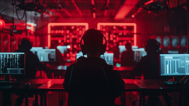 red team cyber security concept group of people working together in dark room red lights