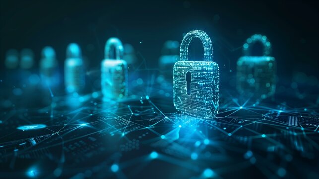 conceptual representation of dns hijacking cyber security threat glowing blue lock icon binary code on dark background