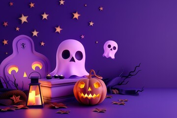 Fototapeta premium Close-up of colorful human plastic skull and pumpkin with burning candle. Halloween image