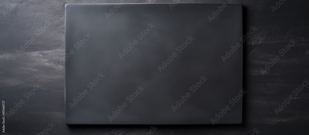 Poster empty square black plate over dark slate aerial view with copy space