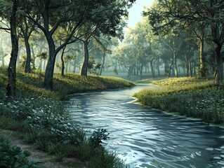 A peaceful view of a gentle river winding through a forest, its smooth currents flowing past trees The calming patterns of water and serene reflections create a tranquil atmosphere, enhanced by the so