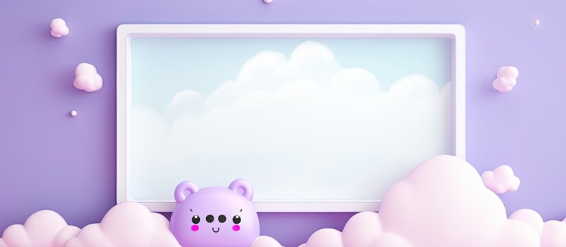 Two blank white cards on pastel purple background with frame of cute kawaii air plasticine handmade cartoon animals rainbows Empty photo frames baby s photo book scrapbooking design template