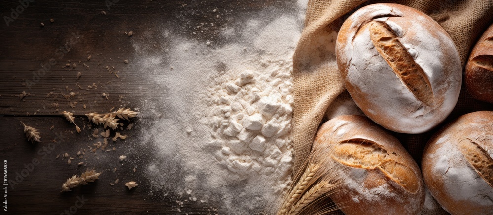 Poster making bread concept loaves near flour wheat ears top view copy space
