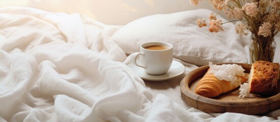 A view from above shows a tray with a coffee cup croissants muesli and white flowers arranged on a knitted blanket in a cozy Scandinavian bohemian bedroom This image captures the essence of bed and b
