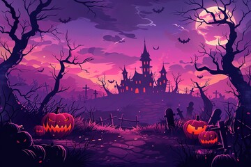 Halloween. Happy Halloween Fantasy Illustration with Halloween pumpkin, trees, house, moon on the...