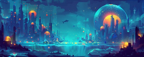An underwater city of glass and steel, where sleek architecture and bioluminescent creatures create an otherworldly scene beneath the waves, and secrets lie hidden in the depths.   illustration.