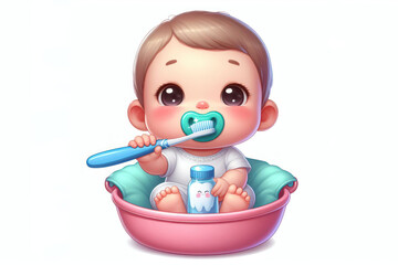 Brushing a baby teeth Isolated on white background