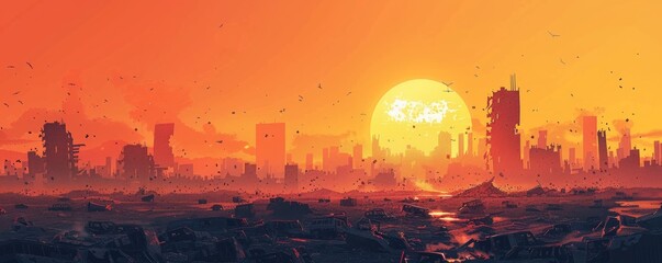 A post-apocalyptic wasteland dotted with the ruins of once-great civilizations, where survivors scavenge for resources amidst the rubble.   illustration.
