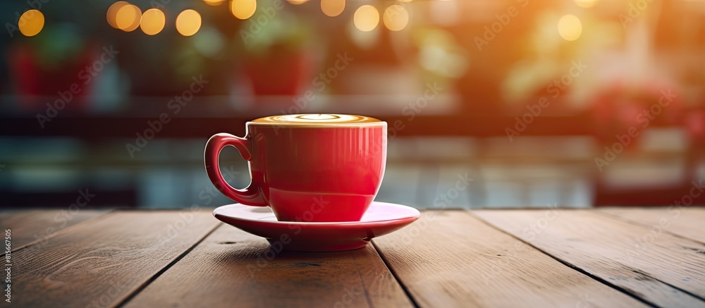 Poster coffee cup red on wood table in cafe with space for text. copy space available