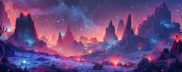 Obraz premium An alien landscape where strange creatures roam amidst towering rock formations and glowing flora. illustration.
