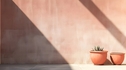 Architecture background with clay pots on concrete wall interior Summer tropical natural aesthetic design Cement pastel facade with shadow light Rustic building space scene Minimal moc : Generative AI