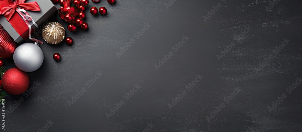 Poster christmas hat on gray background and some christmas baubles christmas template chirstmas background 