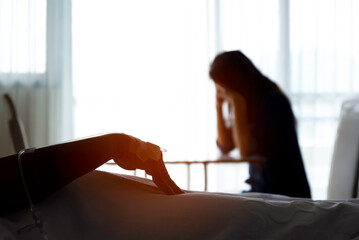 Women strain and worried for her friend in bed health condition in hospital room and Medical...