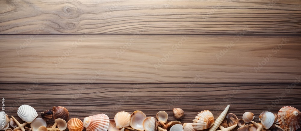 Poster little shells on a wooden background seashells. copy space available