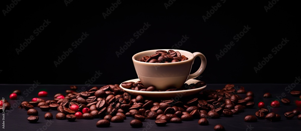 Poster copy space image of a cup filled with aromatic coffee beans set against a rich and dark backdrop