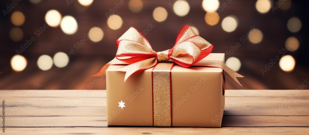 Poster holiday gift box wrapped in craft paper with colored bow on table background top view flat lay copy 