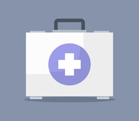 Digital illustration of a medical white first aid bag with a purple cross emblem on the center