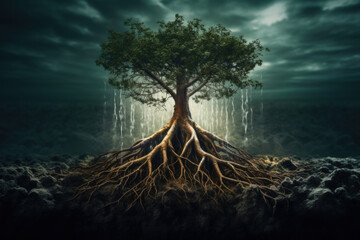 tree roots and sunshine in a green forest.