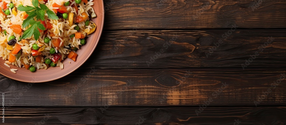 Poster a bird s eye view of a colorful asian stir fried rice dish with vegetables perfect for using as a co