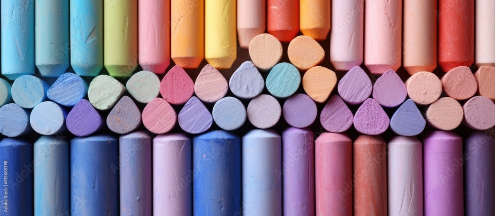Poster bunch of square colorful pastel chalks closeup background. copy space available