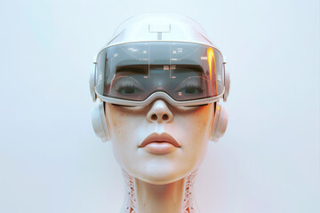 minimalist white backdrop, the striking portrait of a human robot female head, wearing VR goggles. The combination of futuristic technology and human-like features creates a mesmer