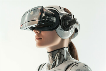 human robot female head portrait, adorned with VR goggles, against a stark white background. The image exudes an aura of mesmerizing technology and innovation, inviting viewers to