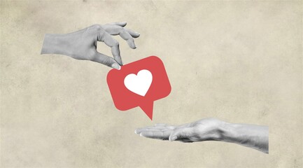 Creation of social networks, red likes in human hands