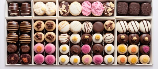 Sweets in a box on a white background top view. copy space available