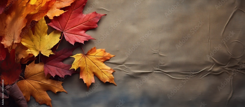 Poster autumn leaves in vibrant colors are showcased against a textured burlap background providing ample c