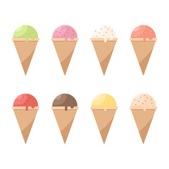 Set of several ice cream scoops in waffle cones isolated on a white background. Many flavors of ice cream such as vanilla, strawberry, chocolate, lemon, mango, watermelon, tea, and coffee
