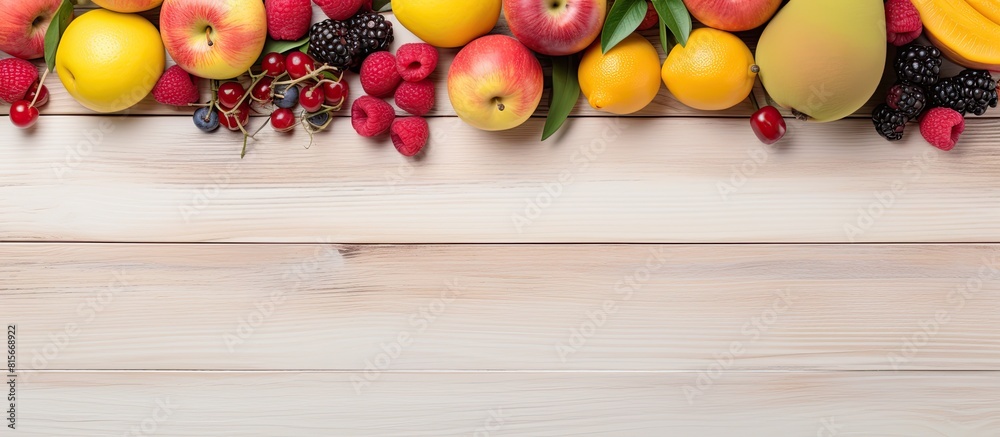 Aufkleber fresh fruits on light wooden background dragon fruit apple peach raspberry and cherry top view with 