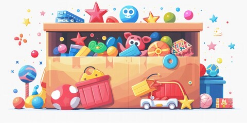 Fototapeta premium Kid toys collected in box. Cartoon set of plastic container with child playthings. Pile of games elements in package for home or kindergarten storage, donate and charity illustration