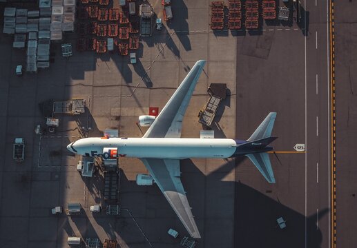 Aerial view of a Federal Express Boeing 767 airplane at Boston's Airport being loaded with cargo
