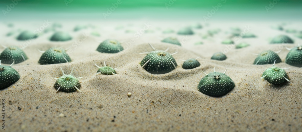 Poster wet sand background and some green sea urchin shells. copy space available