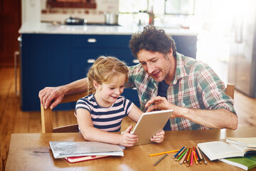 Smile, dad and girl with tablet for homework in home on table on elearning for child development,...