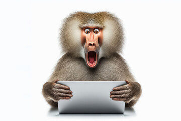 surprised Baboon hold laptop Isolated on white background