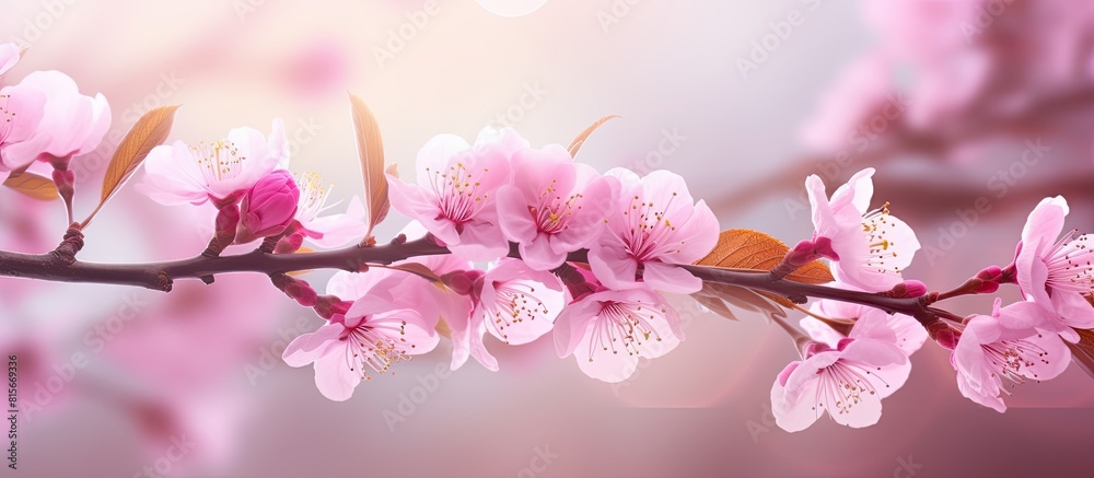 Poster pink blossoming almond tree with bokeh light background pink flowers for spring time background clos