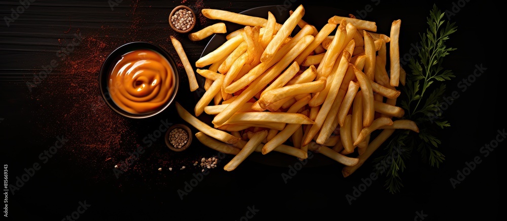 Poster french fries with sauce on a black surface overhead view copy space top view from above flat lay