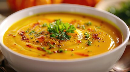 Pumpkin Soup Served in a White Bowl Suitable for Vegetarians and Vegans