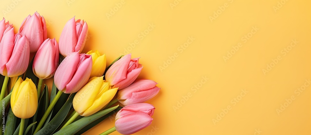 Aufkleber gently pink tulips on the yellow background spring background with a bouquet of flowers with copy sp