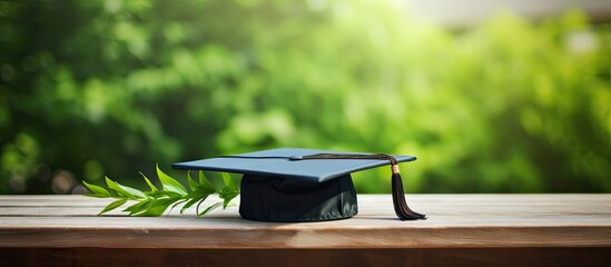 Graduation hat on vintage table with green nature background. copy space available