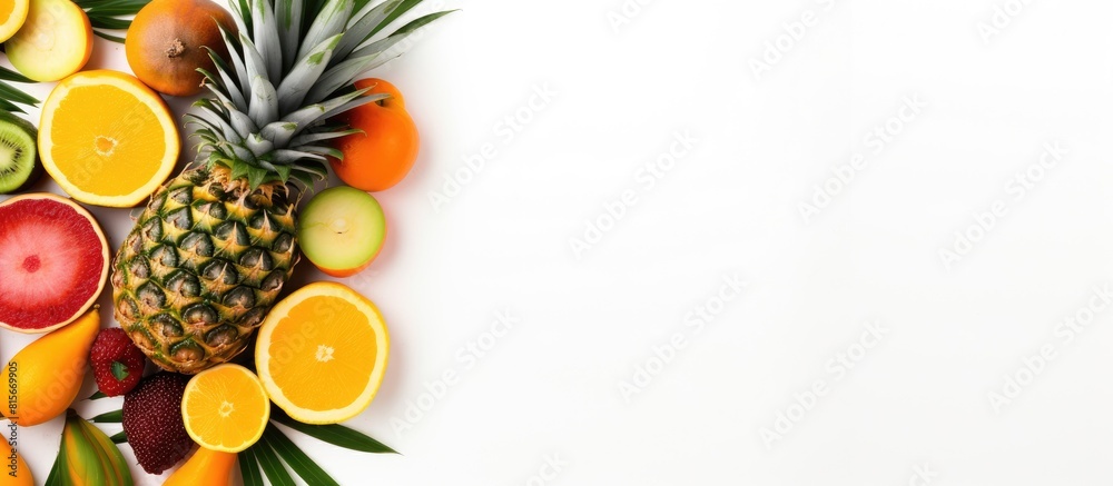 Poster a top view of tropical fruits including pineapple and mango arranged on a white background the image