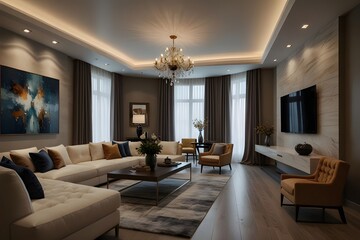 African style interior. Modern living room in luxury house with ethnic decor.