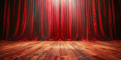 The red stage curtain and wooden floor realistic modern . Covers for theaters, operas, concerts, and cinemas. Portiere for ceremony performances. illustration